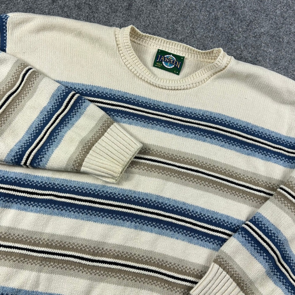 Jantzen Sweater Mens Large Grandpacore Striped Crewneck Knit Made in USA Vintage